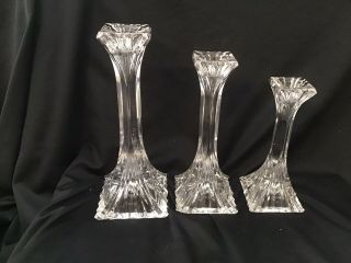 Clear Crystal Candle Holders Set Of 3 9”,  7 3/4”,  6 1/2”
