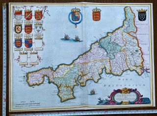 Old Antique Tudor Blaeu Map Of Cornwall England 1665 1600 
