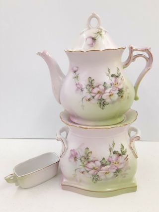 Vintage 3 Pc Japan Pink/green Floral Stacked Rare Tea Pot/heater Andrea By Sadek