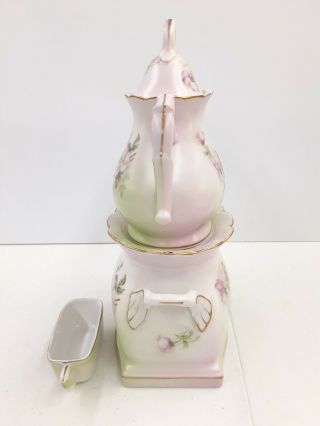Vintage 3 Pc Japan Pink/Green Floral Stacked RARE Tea Pot/Heater Andrea by Sadek 2
