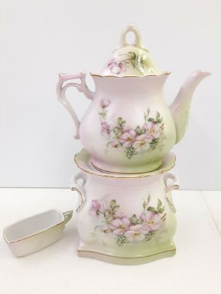 Vintage 3 Pc Japan Pink/Green Floral Stacked RARE Tea Pot/Heater Andrea by Sadek 3