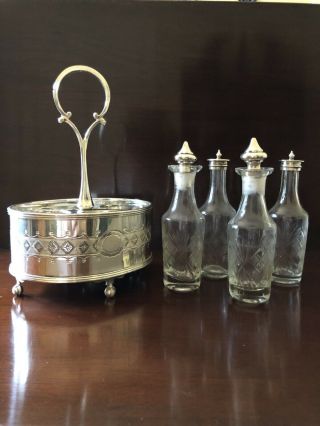 Antique Victorian Silverplate & Cut Glass Castor Cruet Condiment Set