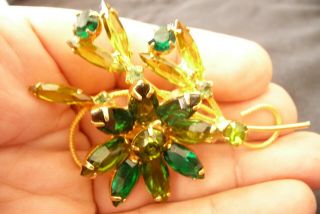Antique Vintage Emerald Green Rhinestone Flower Brooch 2 Tones Gold Plated