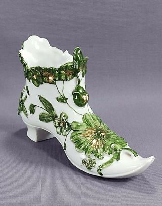 Antique Ceramic Porcelain Shoe Boot White W/ Green Flowers Vines Gold Accents
