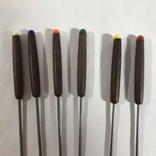 Vintage Stainless Steel Fondue Forks Set Of 6 Color Coded Wood Handles 2