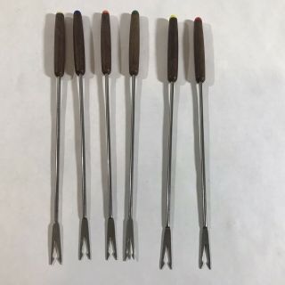 Vintage Stainless Steel Fondue Forks Set Of 6 Color Coded Wood Handles 3