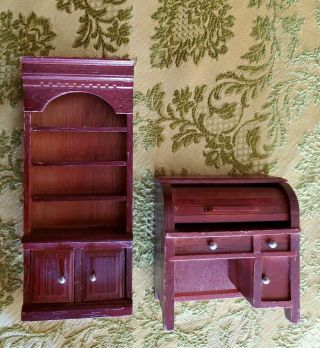 Vintage Dollhouse Miniatures Wooden Roll Top Desk And Bookshelf Cabinet