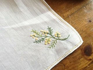 Antique Vintage White Linentray Cloth Doilie Hand Embroidered Yellow Flowers