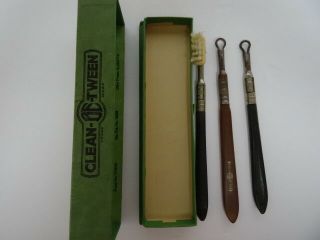 Antique - Be - Tween Set W/ Box,  Toothbrush Head,  3 Metal Handles - Rare