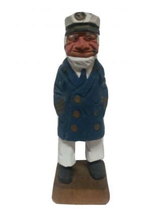 Vintage Hand Carved & Painted Wooden Sea Captain Figurine Smoking Cigar 6.  25 "