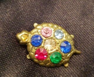 Vintage Brass Turtle Button W Colorful Faceted Paste 1 - 1/8 "