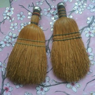 2 Vintage Primitive Worn Country Farmhouse Straw Whisk Broom Wire Wrap Metal
