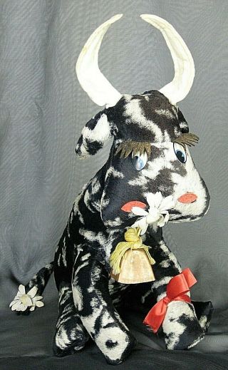 Vtg Rare Gund Creation J Swedlin Inc Black White Sitting Cow With Bell Plushy