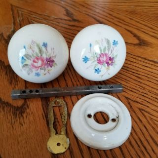 Vintage Hand Painted Porcelain Floral Brass Doorknob Set Made In England
