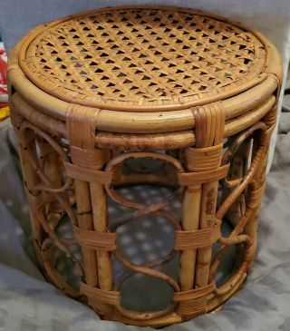 Vintage Woven Wicker Rattan Stools Tables Display Mcm Boho Plant Stand Rare