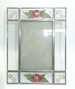 Pressed Dried Flowers Picture Frame Leaded Glass 4”x 6” Photo Red Pink Vintage