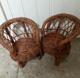 Vintage Wicker Rattan Doll House Chairs 5 " Barbie Size Furniture Set Of 2