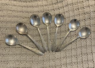 National Silver Co A1 Silverplate Rose And Leaf Set Of 7 Round Cream Soup Spoons
