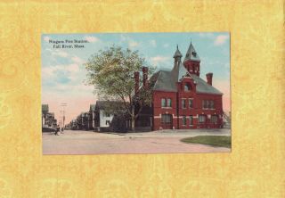 Ma Fall River 1908 - 29 Antique Postcard Niagara Fire Station & Homes On Left Mass