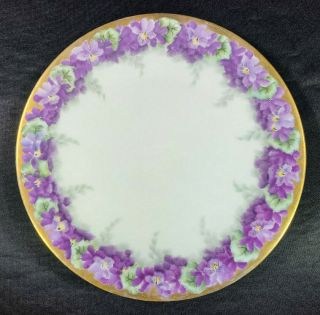 Limoges Plate Purple Pansies Hand Painted Flowers Signed Antique Vintage 8 1/2 "