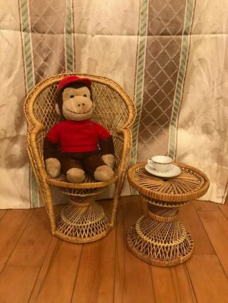 Vintage Rattan Wicker High Back Chair W/ Side Table Doll Size