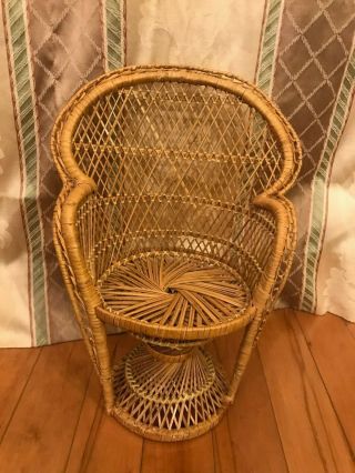 Vintage Rattan Wicker High Back Chair w/ Side Table Doll Size 2
