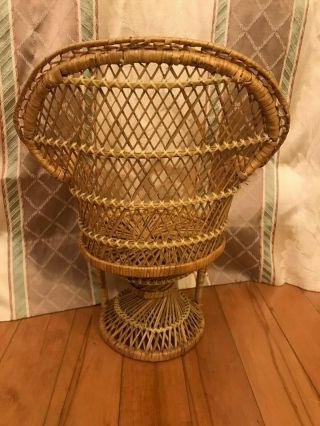 Vintage Rattan Wicker High Back Chair w/ Side Table Doll Size 3