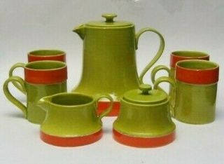 Vintage 7 Pc Coffee Set Made In Italy Green Collectible Ceramic Antique
