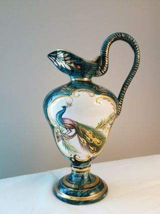 Vintage Peacock Bird Belgium Ceramic Pottery Pitcher Vase Teal Hand Painted Gold