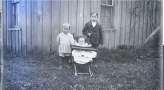 Antique 5 X 7 Glass Negative 2 Children And Baby In Stroller Early Century