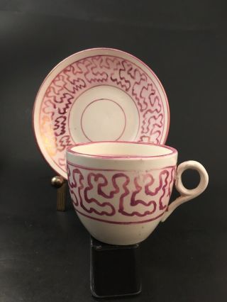 Antique English Porcelain Tea Cup & Saucer Ring Handle Pink Lustre Coral