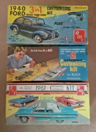 3 Empty Boxes For The 1/25 Amt Custom Kits 1940 Ford,  1958 Buick,  & 1961 Ford