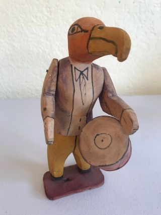 One Of A Kind Handcarved Wooden Native American Look Birdman With Drum 7”