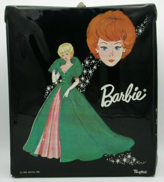 Vintage 1963 Barbie Doll Case By Ponytail - Black Vinyl,  Barbie In Green Dress