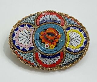 Vintage Italian Micro Mosaic Pin Brooch - Oval Gold Rope Trim Floral Design