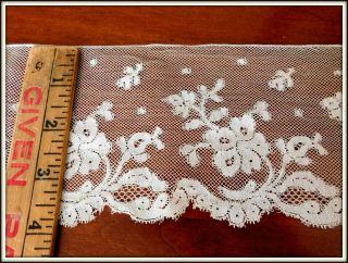 Antique French Lace Ecru Embroidery On Net 1 3/8 Yds - Lc135