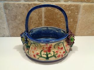 Vintage / Antique Maruhon Ware Marked Japan Blue Basket Pink Flower With Handle