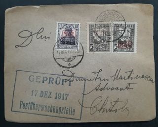 Rare 1917 Romania (german Occpn) Censor Cover Ties 3 Stamps Canc Bucharest