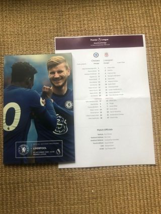 Rare Chelsea V Liverpool Premier League Programme & Teamsheet Sep 20,  2020