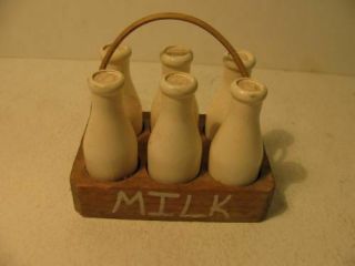 Vintage Toy Wooden Doll Size Milk Bottles In Carrier