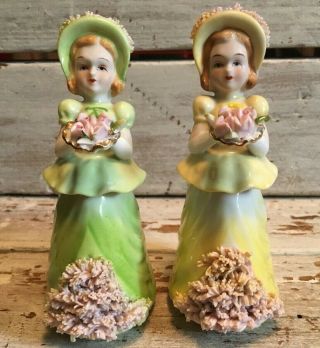 2 Vintage Ardalt Southern Belle Figurines Pink Spaghetti Lace Pastel Dresses