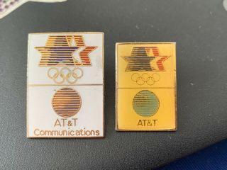 2x V Rare Olympics Pin Badges Set La 1984 Los Angeles At&t Sponsor Media