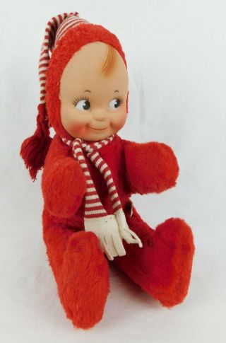 Vintage Knickerbocker Red Plush Kewpie 10 " Doll Knitted Hat & Scarf