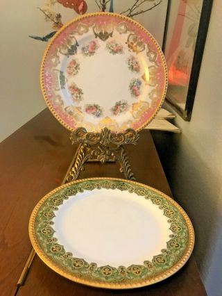 2 Antique Jean Pouyat Limoges Pink/green Gold Encrusted Plates - J P L