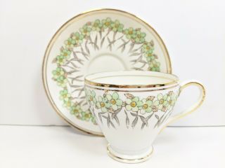 Vintage Salisbury Teacup & Saucer Set Bone China Green Flowers Floral Tea Cup