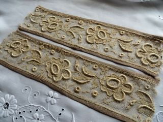 Pretty Pair Vintage 1920s/30s Hand Made Silk Embroidered Filet Lace Cuffs VGC 2