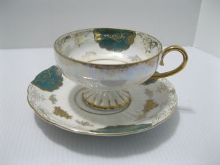 Vintage Lm Royal Halsey Tea Cup And Saucer Iridescent Gold Green