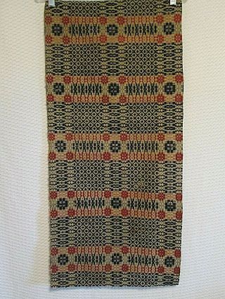 Antique Woven Wool Coverlet Piece Rust & Navy Blue Table Runner 15 X 32 "