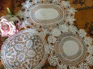 3 Vintage White Doilies 2 Damask & Crochet / Bobbin Lace Edge 1 Fine Lace