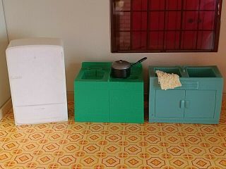 Vintage Tin Litho Dollhouse Kitchen White Refrigerator Green Stove & Blue Sink